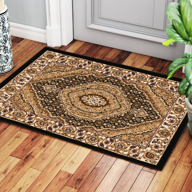 Luxueux style traditionnel 24 po Tapis X 36, médaillon noir et fabriqué à la machine, 100% polypropylène, motif médaillon rectangulaire classique, teint