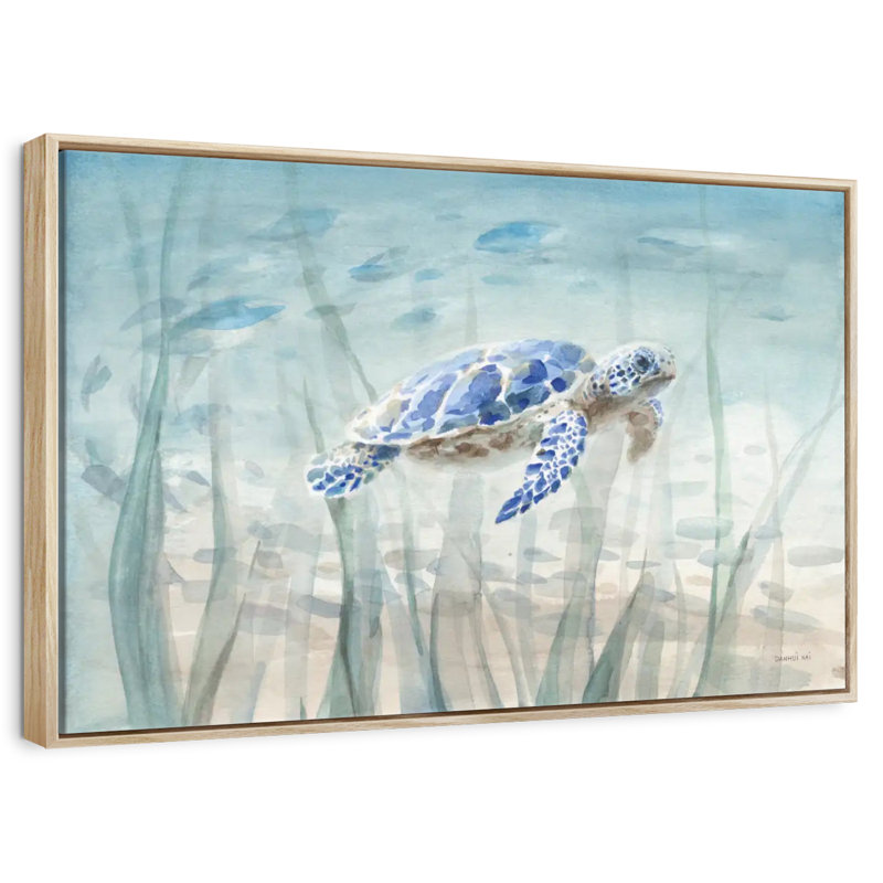 Undersea Turtle, Floating Frame Natural Wood, 37" X 25"