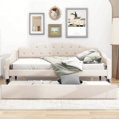 Full Size Upholstered Tufted Daybed, Beige