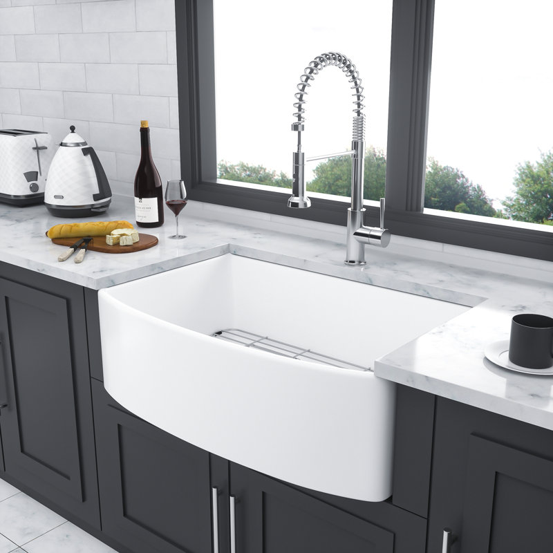 White Farmhouse Sink - White Kitchen Sink Ceramic Arch Edge Apron Front Single Bowl Farm Kitchen Sinks