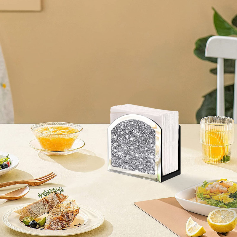 Napkin Holder,Crystal Crushed Diamond Vertical Holder,Cute Glass Mirror Napkin Holder For Counter Or Table.(5.9”X5.9”X3”)