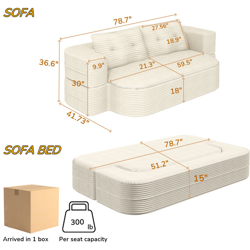 78.7" Convertible Folding Sofa Bed With Multi Functional Blanket And 2 Soft Pillows,Modern Corduroy Convertible Sleeper Sofa Bed With Deep Seat For Living Room, Apartment,
