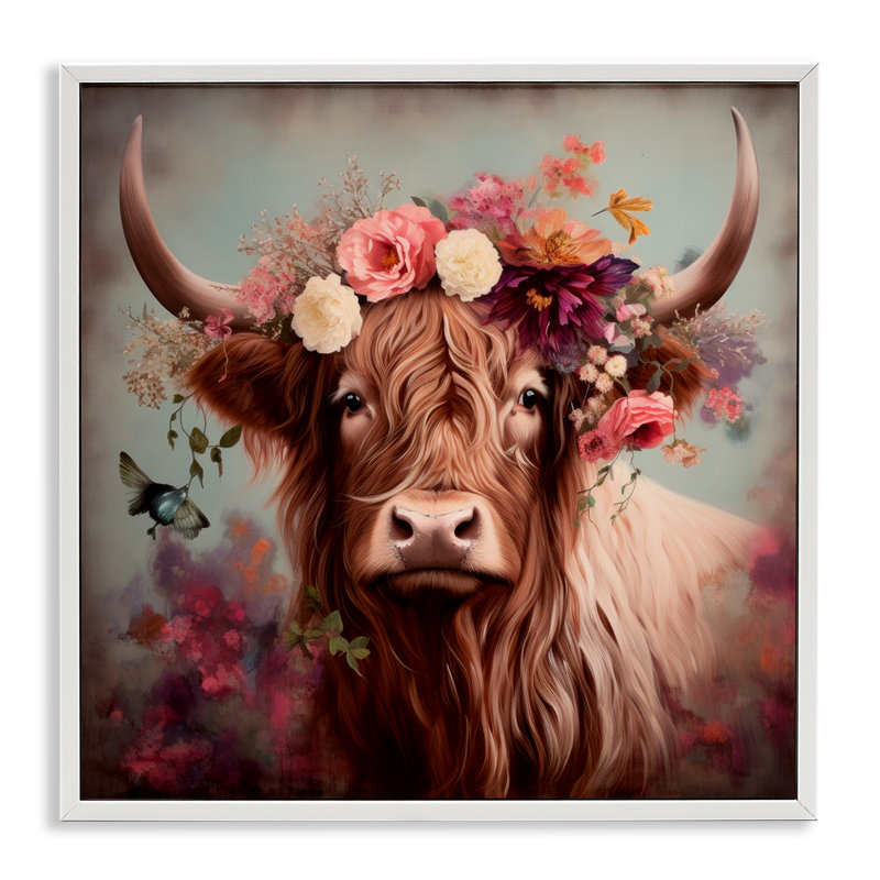 «Longhorn & Flower Garland», art de la giclée encadrée par Irena Orlov, Giclée encadrée blanc bord de mer, H 12 po x l 12 po