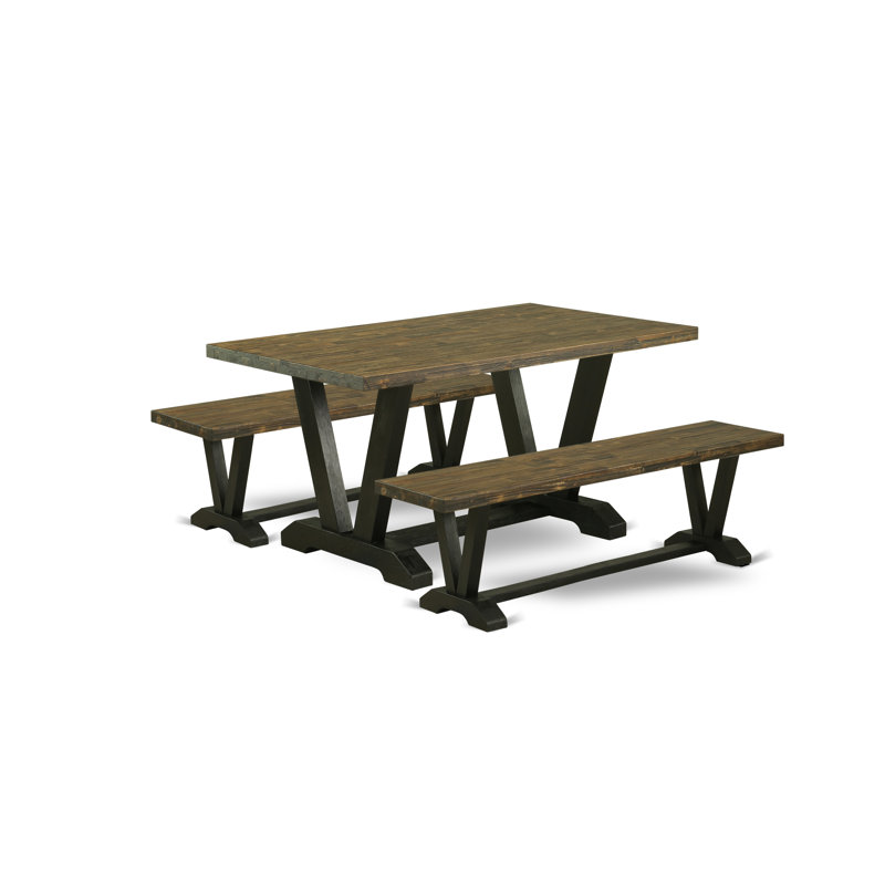 Ensemble de salle à manger 3 pièces - 1 table de salle à manger et 2 petits bancs en bois - Fabrication stable et robuste - Plateau de table jacobien vieilli et finition noire brossée