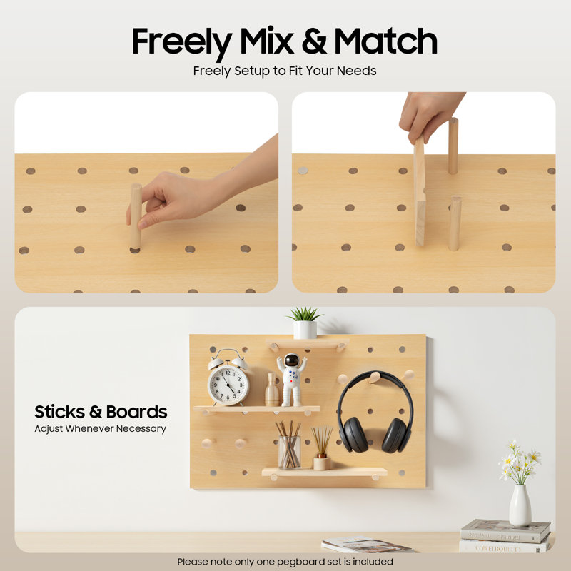 Wooden Rectangular Pegboard Combination Wall Organizer Kit