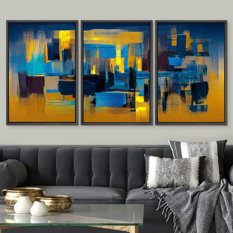Mid-Century Shape Mid-Century géométrique bleu or paysage, reproduction sur toile 3 pièces, Noir