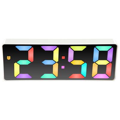 Digital Tabletop Alarm Clock, White with Coloured Display, 6.25" x 2.25"