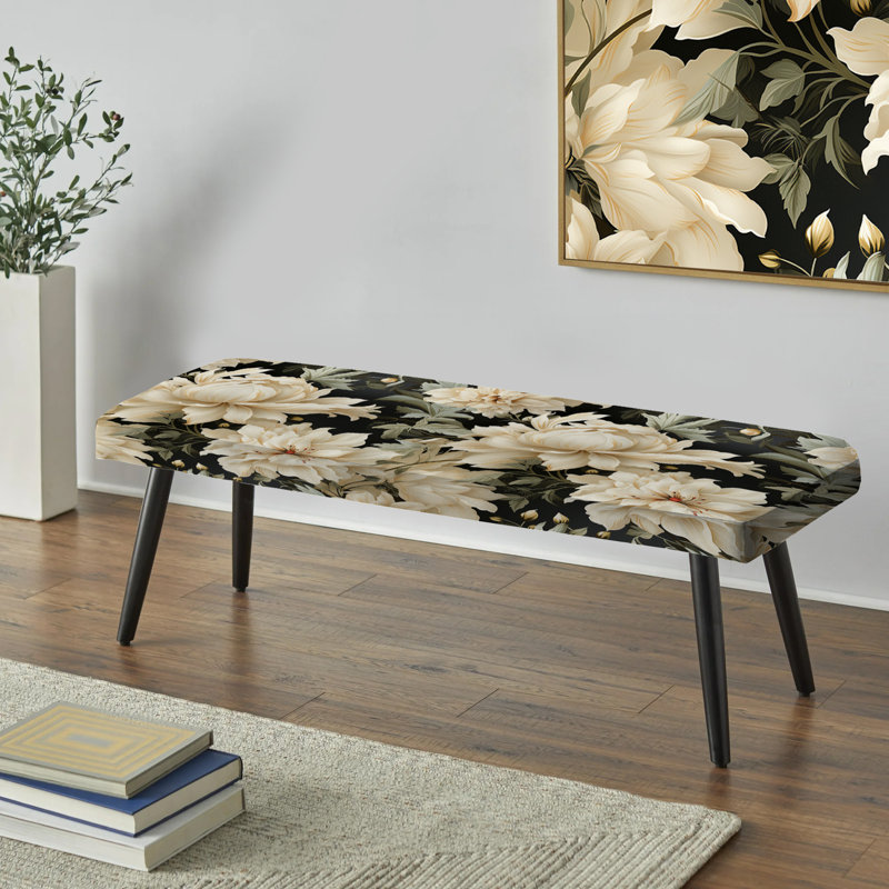 Ethereal Rococo Flourish Victorian Pattern XXVIII - Floral Upholstered Black Bench