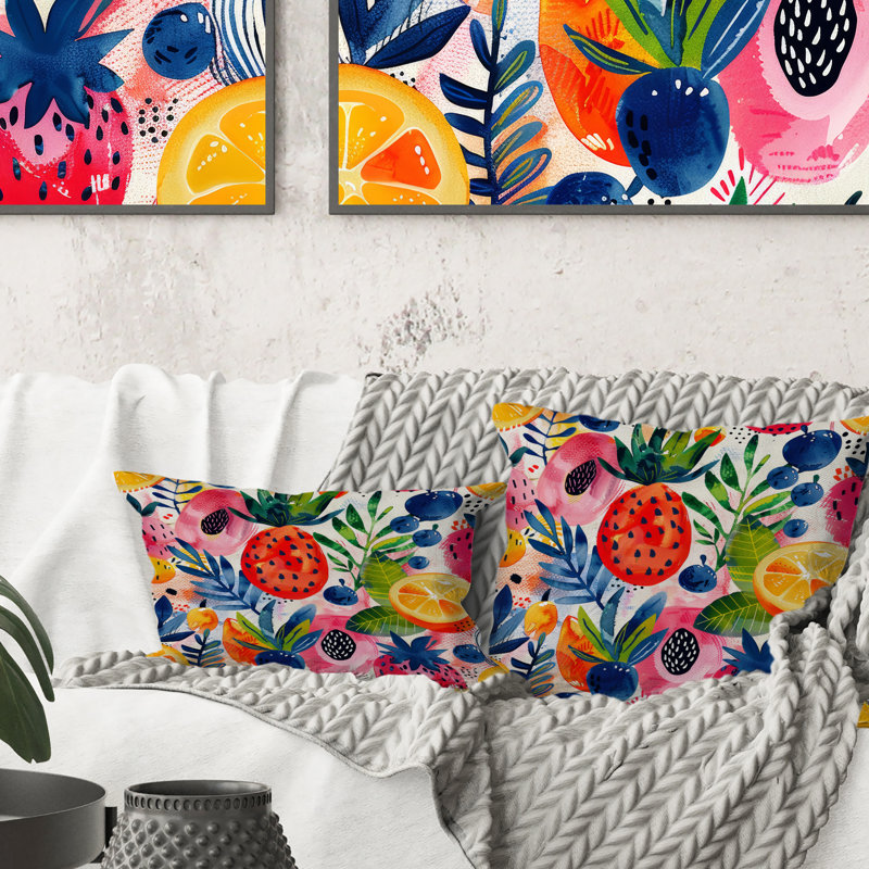 Coussin décoratif rouge, vert, fruits sauvages, aquarelle, H 18 po x l 18 po