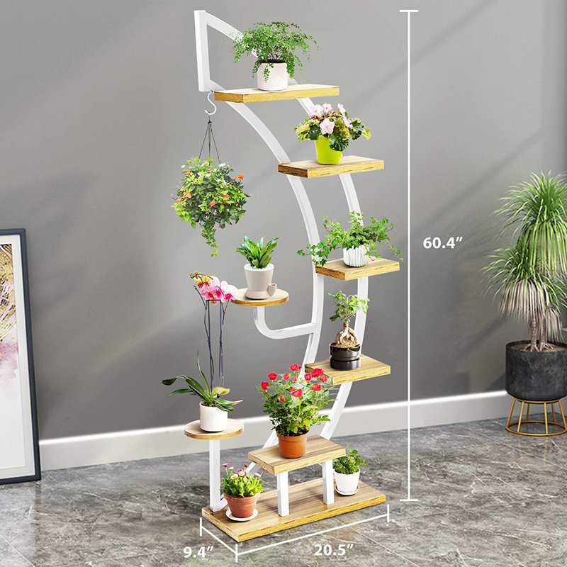 Support pour plante courbé à 6 niveaux avec support, Brun clair
