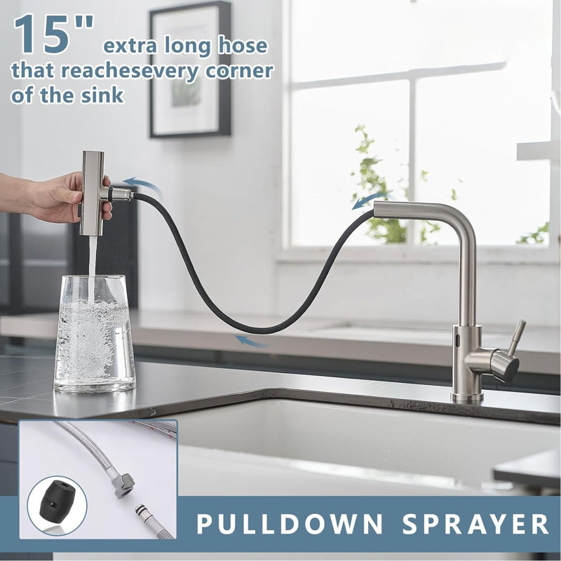 Modern Single Hole Commercial Kitchen Faucet - Waterfall Design & Pull Down Sprayer Sink Faucet, Touchless, Brushed Nickel
