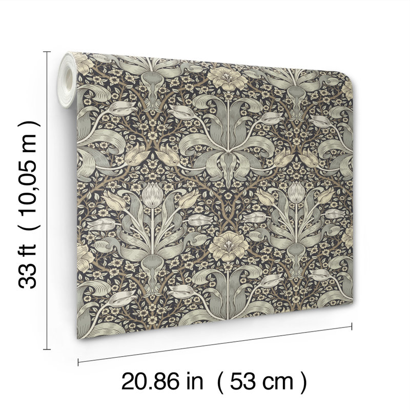 Spring Thicket Blue Tulip Damask Wallpaper, Gray
