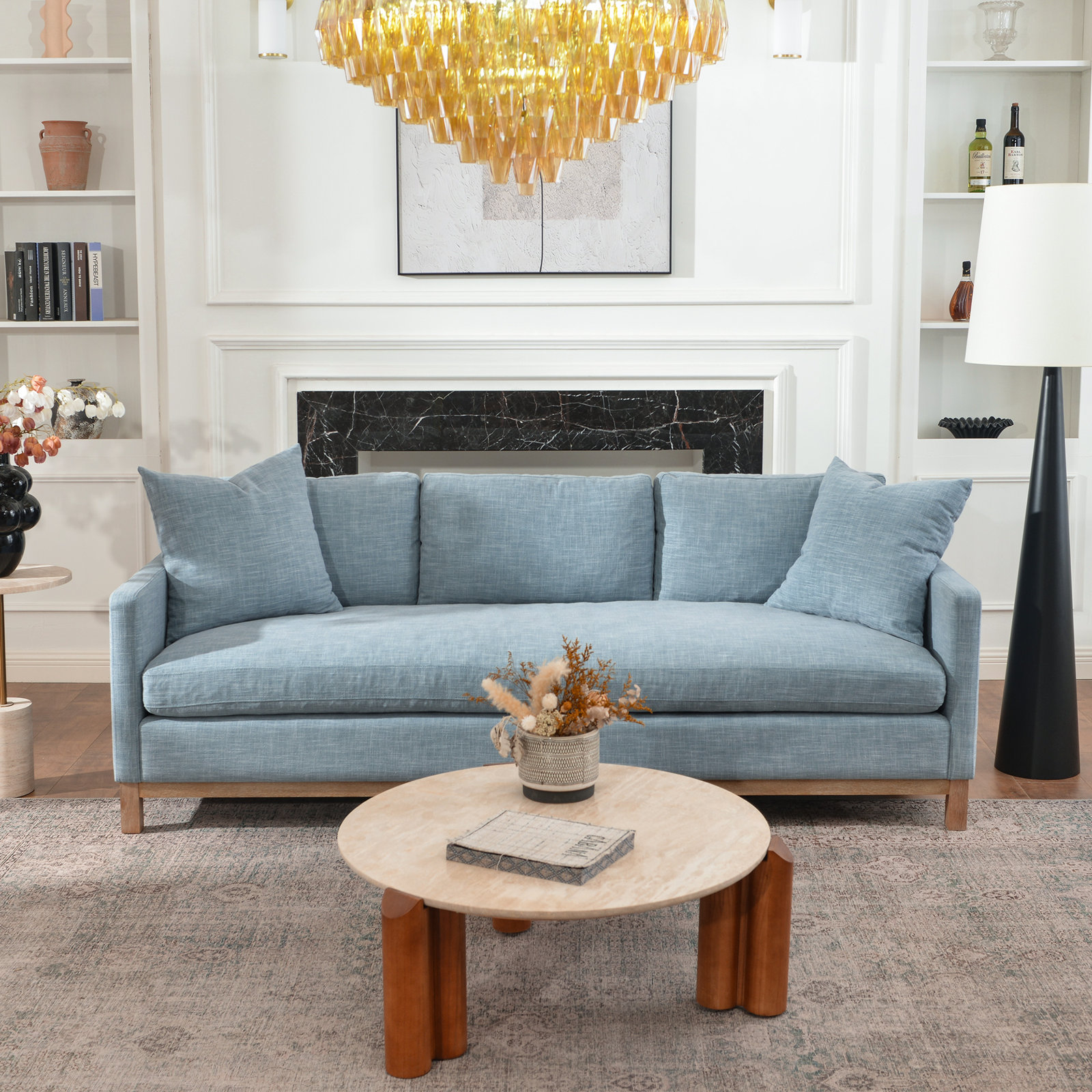 Cami 91'' Upholstered Sofa, Sky Blue Linen Blend
