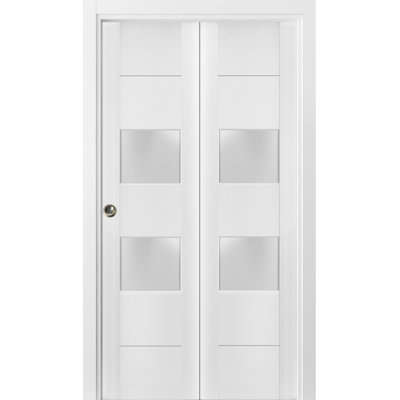 Sliding Closet Bi-fold Doors 42 x 96 Lucia 4010 White Silk with Frosted Glass Sturdy Tracks Moldings Trims Hardware Set Wood Solid Bedroom Wardrobe Doors