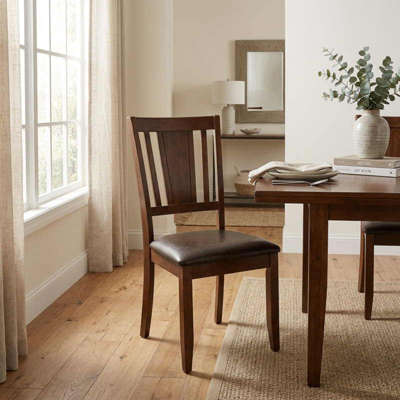 Ensemble de table à manger rectangulaire en bois massif au fini acajou, revêtement en similicuir, rallonge papillon et 4 chaises en similicuir