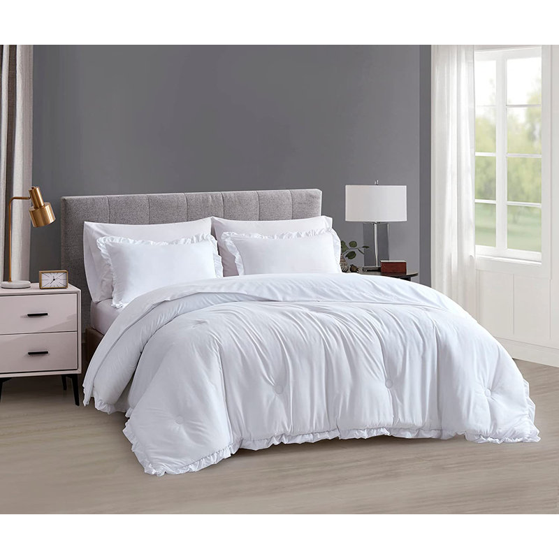 Ruffled Edge Microfiber Bed in a Bag Comforter Set, White, King Comforter + 6 Additional Pieces
