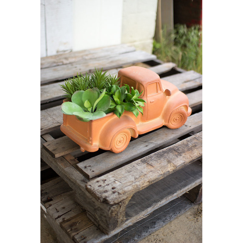  Terracotta Truck Planter 8"H, Handcrafted Orange Ceramic Vintage-Style Accent, Set of 2