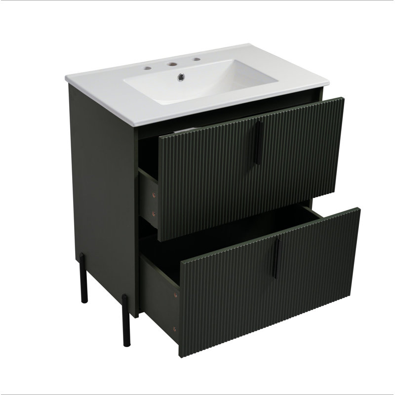 Meuble-lavabo de 30 po avec lavabo en céramique et tiroirs pleine extension, glissières de tiroir à fermeture en douceur, conception cannelée