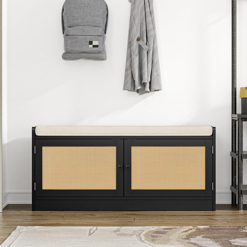 Dannelley Rattan Entryway Bench With Shoe Storage, Black