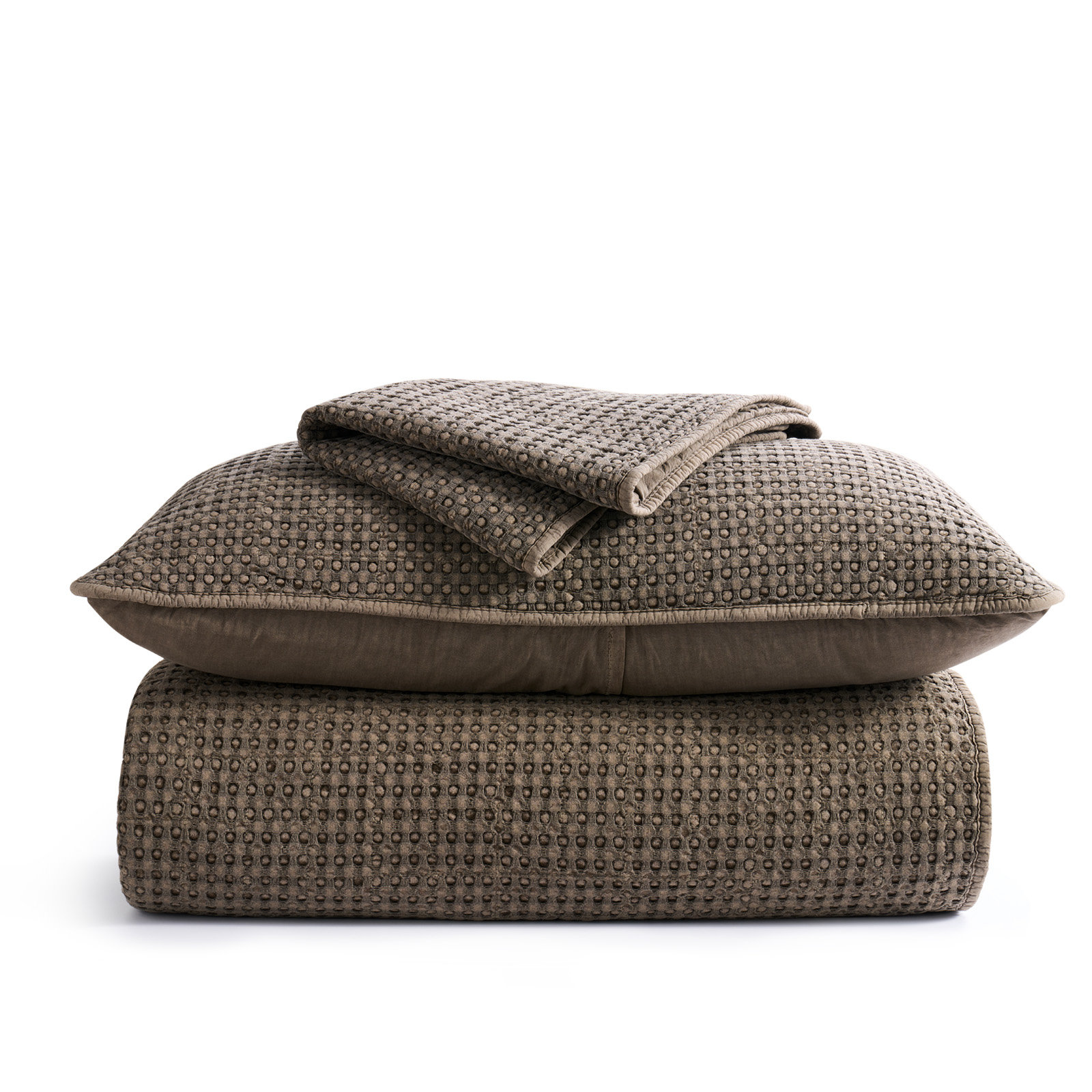 Waffle Cotton Quilt Set, King Quilt + 2 King Shams, Mushroom Brown