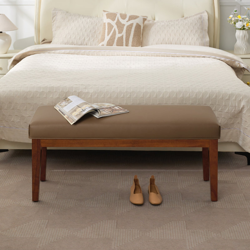 44" W Faux Leather Upholstered Bench with Solid Wood Legs, Brown
