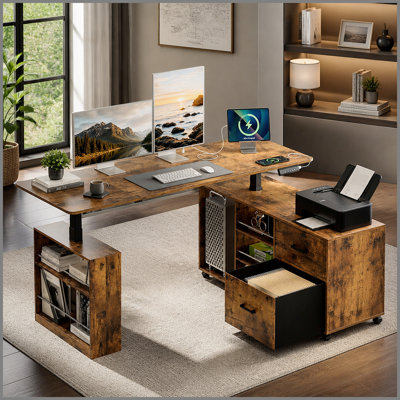 L-Shaped Standing Desk with Built-In Electrical Outlet