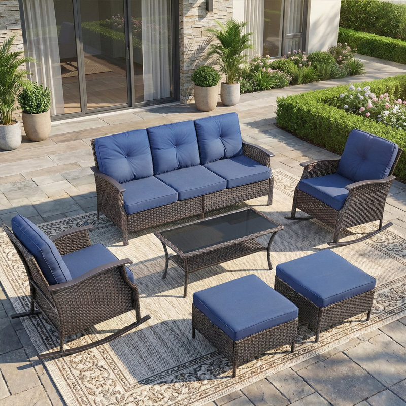 Ensemble de 6 chaises de patio en osier toutes saisons avec chaises berçantes et repose-pieds