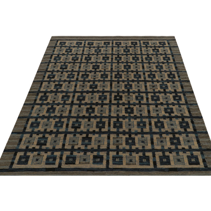 Rug & Kilim’S Scandinavian Rug In Blue And Beige-Brown Geometric Pattern, Rectangle 9' x 12'