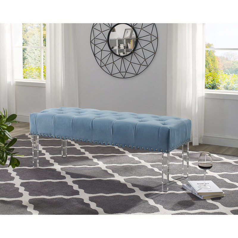 Valley Button Tufted Velvet Upholstered Bench With Acrylic Leg, Blue, Blue