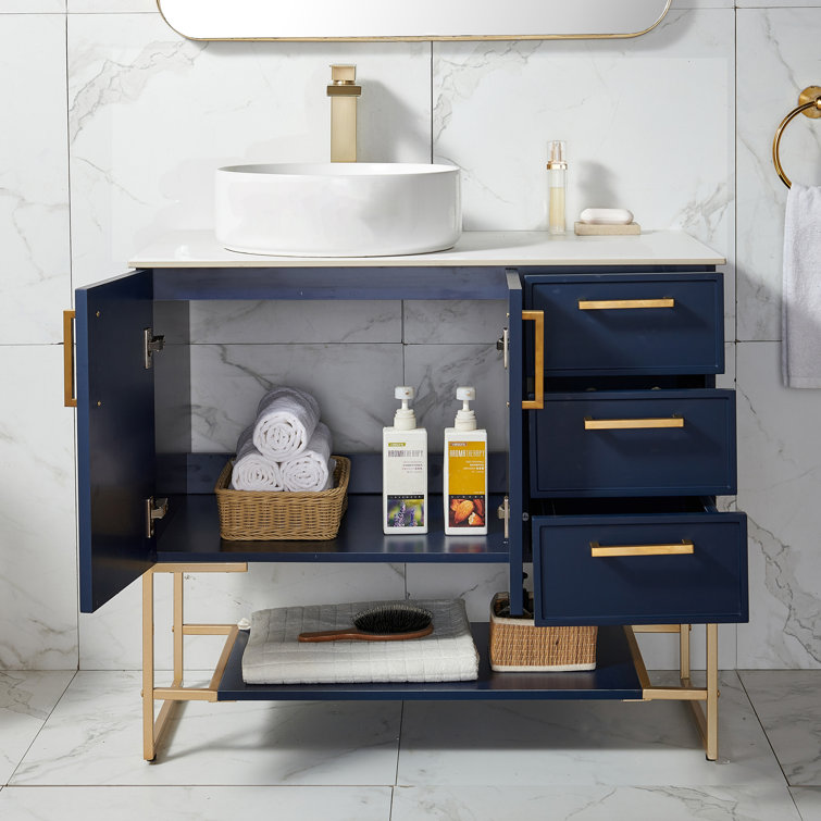 Custom Navy Blue bathroom Vanity with Brass Hardware - Transitional -  Bathroom - Los Angeles - by CC Furniture & Cabinetry