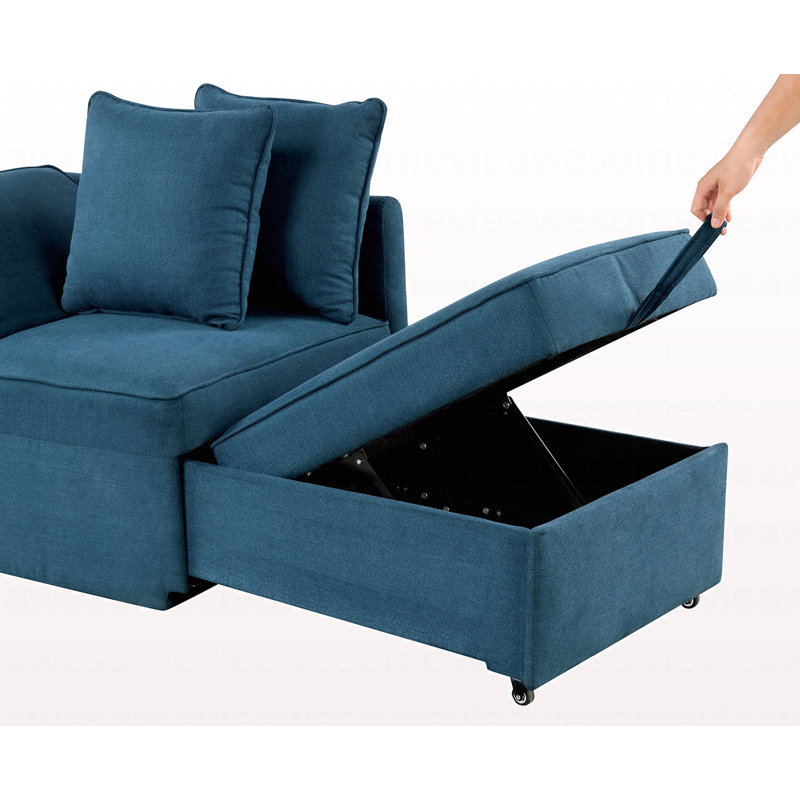 Chaise convertible en tissu bleu de style contemporain avec siège de rangement fonctionnel en tissu bleu et salon avec coussins