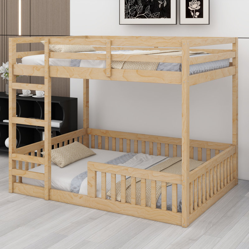 Lit superposé en bois avec échelle et garde-corps, Naturel