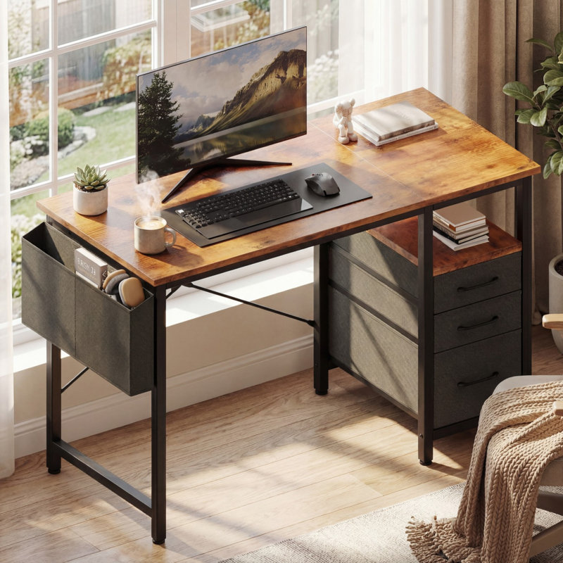 Petit bureau à domicile avec 3 tiroirs en tissu, bureau d'étude avec sac de rangement latéral pour la chambre à coucher