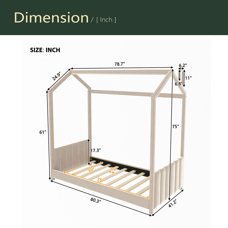 Velvet House Bed Wood Bed, Beige, Twin