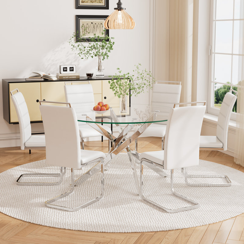 Ensemble de salle à manger 7 pièces, table en verre et 6 chaises, Blanc, Argent