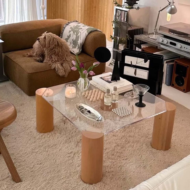 Table basse Mid-Century en bois et acrylique, Clair, H 16,1 po x L 27,6 po x l 27,6 po