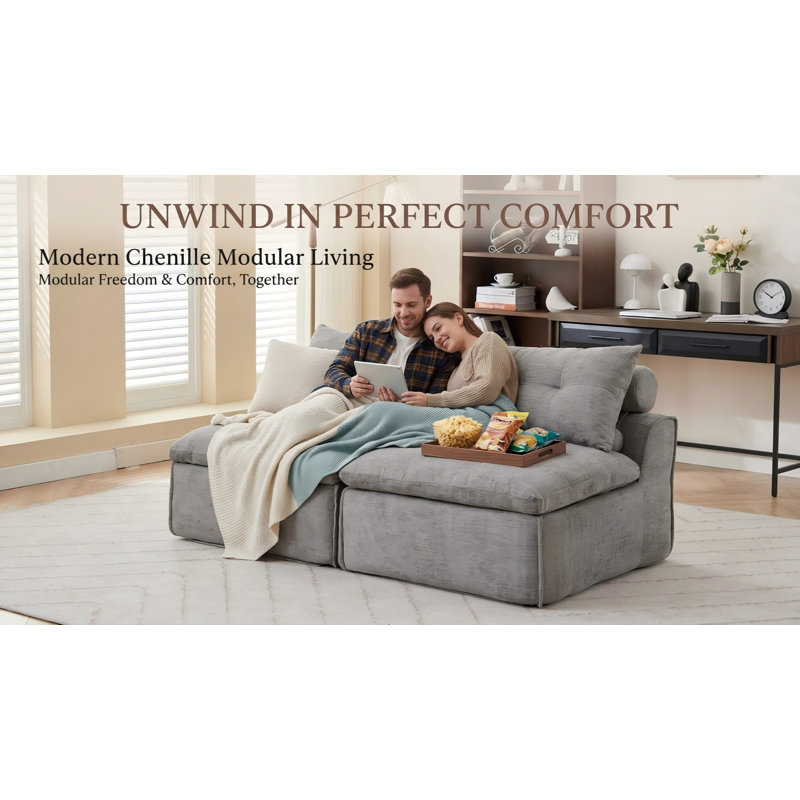 Modern Chenille Modular Sectional Sofa with Neck & Lumbar Pillows, Light Gray