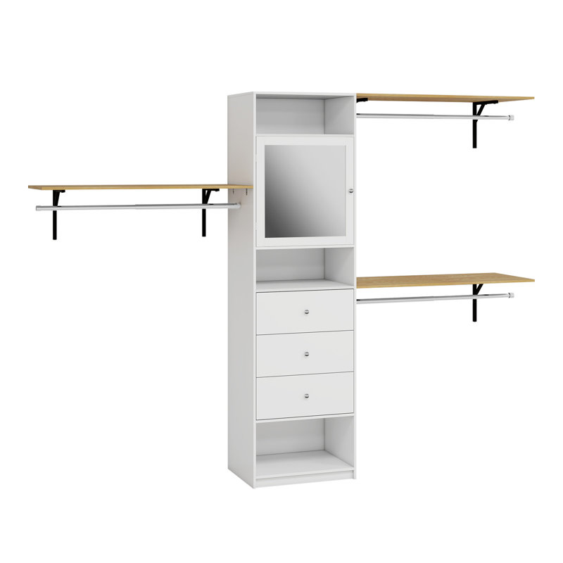 96'' Closet System With Drawers, 8Ft Closet Organizer System With Mirror Cabinet& 3 Shelving Towers