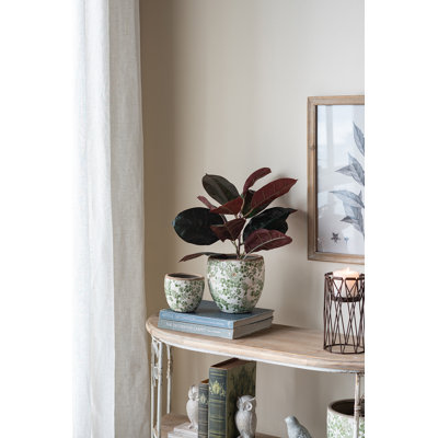 Vase en céramique 7,3 x 7,3 x 6,7 po d'inspiration rétro avec motif botanique vert et blanc vieilli