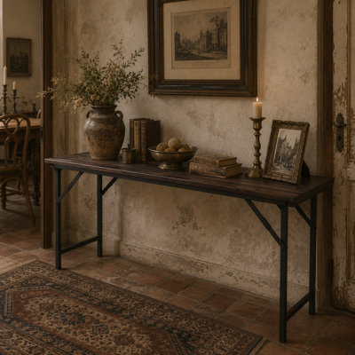 Aron Solid Mango Wood Folding Console Table – 72” Narrow Rustic Entryway Table with Metal Base 