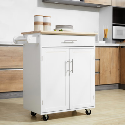 Chariot pour îlot de cuisine Ferrer, blanc - avec tiroir, armoire et porte-serviettes pour chariot robuste et spacieux