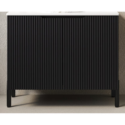 Meuble-lavabo autoportant de 30 po sans lavabo, noir, avec comptoir en pierre frittée blanche, 2 portes, panneau de particules en bois massif de haute qualité, amortisseur à fermeture douce, style romantique français,