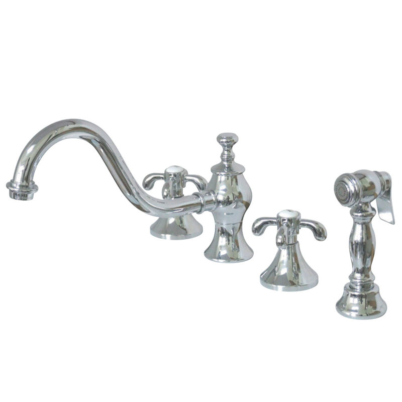 Kingston Brass French Country Double-Handle 4-Hole Widespread Kitchen Faucet with Brass Sprayer
