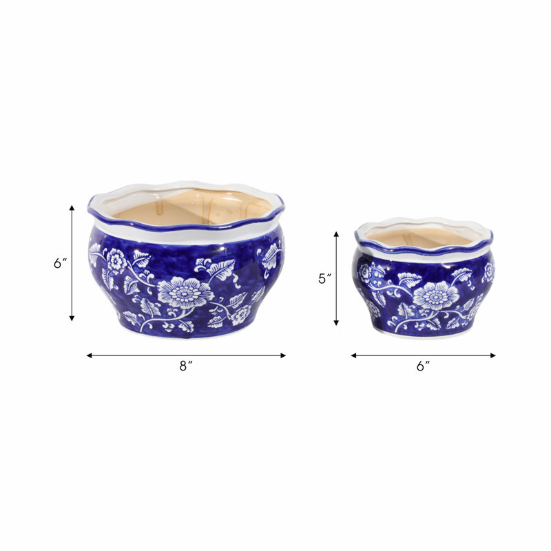 Traditional Ceramic Flower Pots for Home Decor - Decorative Indoor Planter Styling with Floral Design for Patio Outdoor Planters - Set of 2