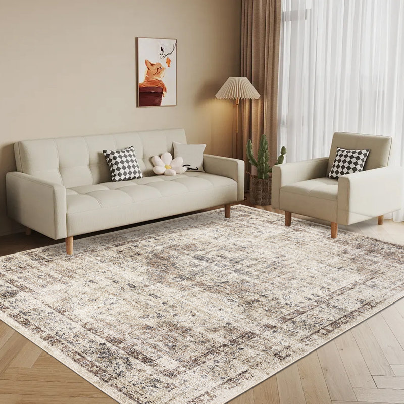 Washable Area Rug 5 x 7 Vintage Distressed Throw Rug with Non Slip Backing Stain Resistant Oriental Indoor Carpet Foldable Low Pile Floor Cover for Living Room Bedroom Light Camel
