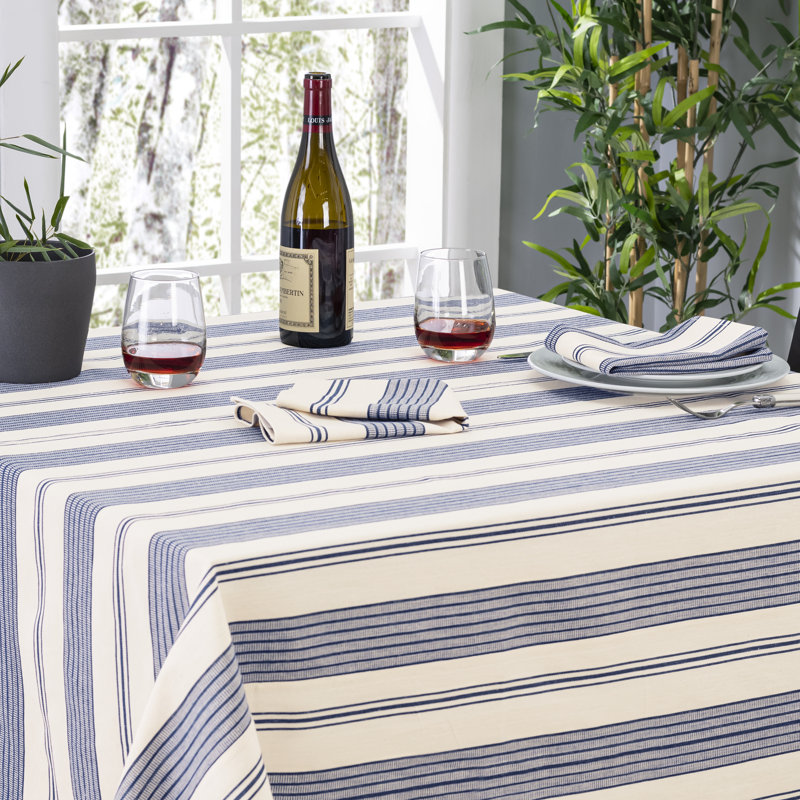 French Home 63”X 63” Blue And Cream Striped Tablecloth, Blue/Cream