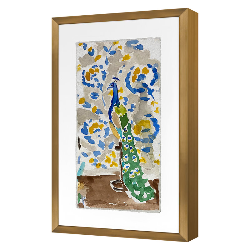 Blue Peacock Print by Dana Gibson, Gold, 40" H x 25" W x 0.75" D