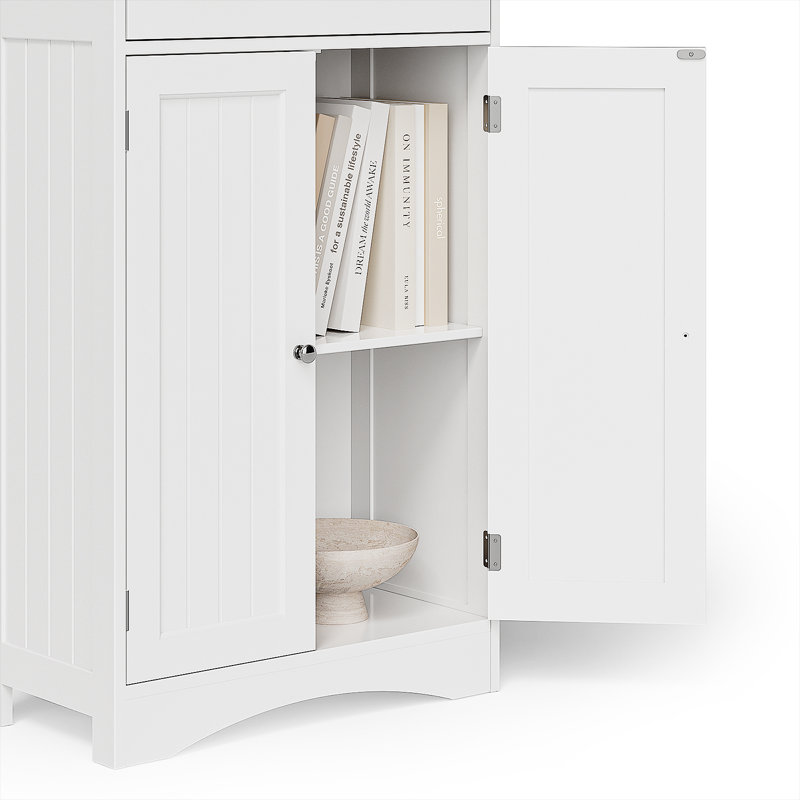 Freestanding Linen Cabinet with 2 Storage Cabinets, 1 Large Drawer & 1 Open Shelf for Bathroom, Kitchen or Living Room