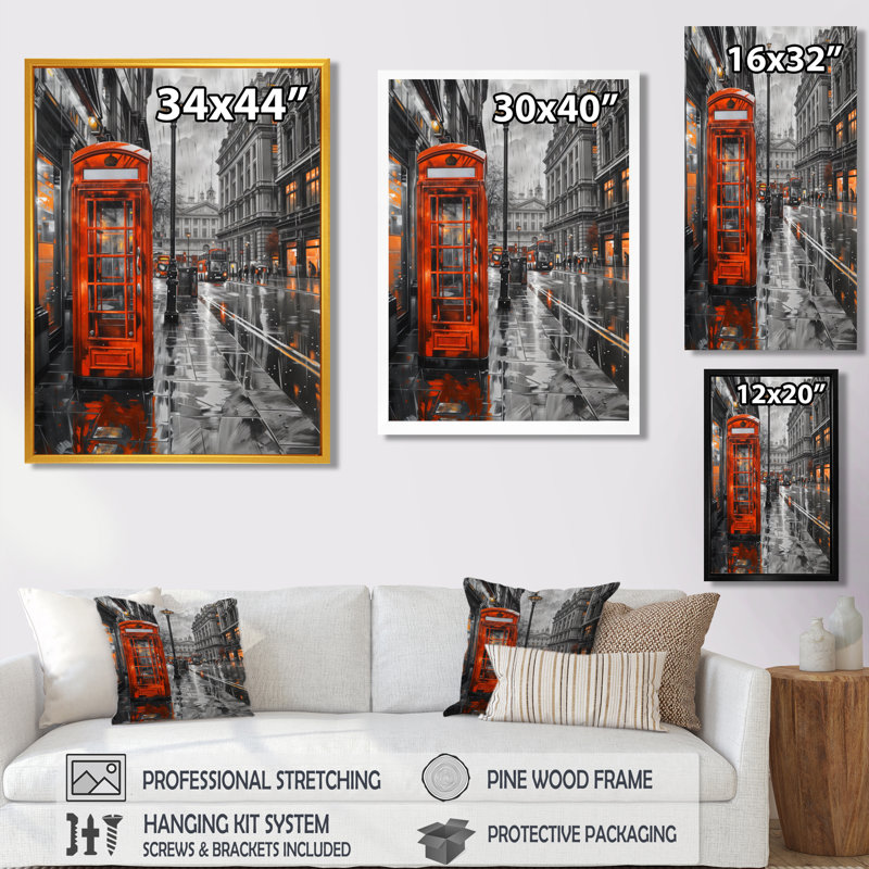 Cabine téléphonique noire et blanche à Londres V - City London Wall Ar Wall Decor, Toile avec cadre flottant or