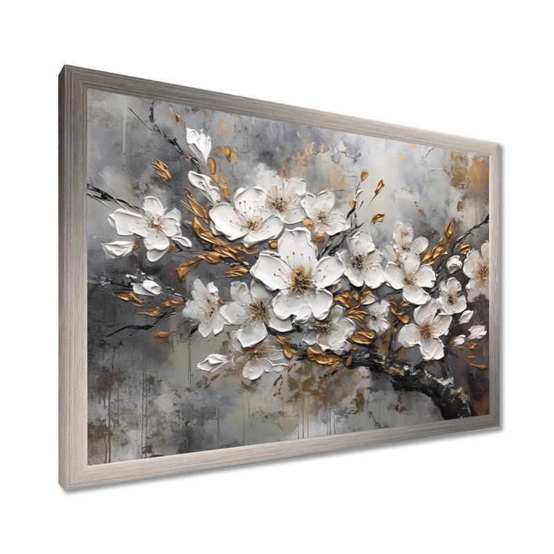 Harmonie I de cerisier blanc et gris - art mural floral pour le salon, H 12 po x l 20 po x P 1 po, Cadre simple argenté